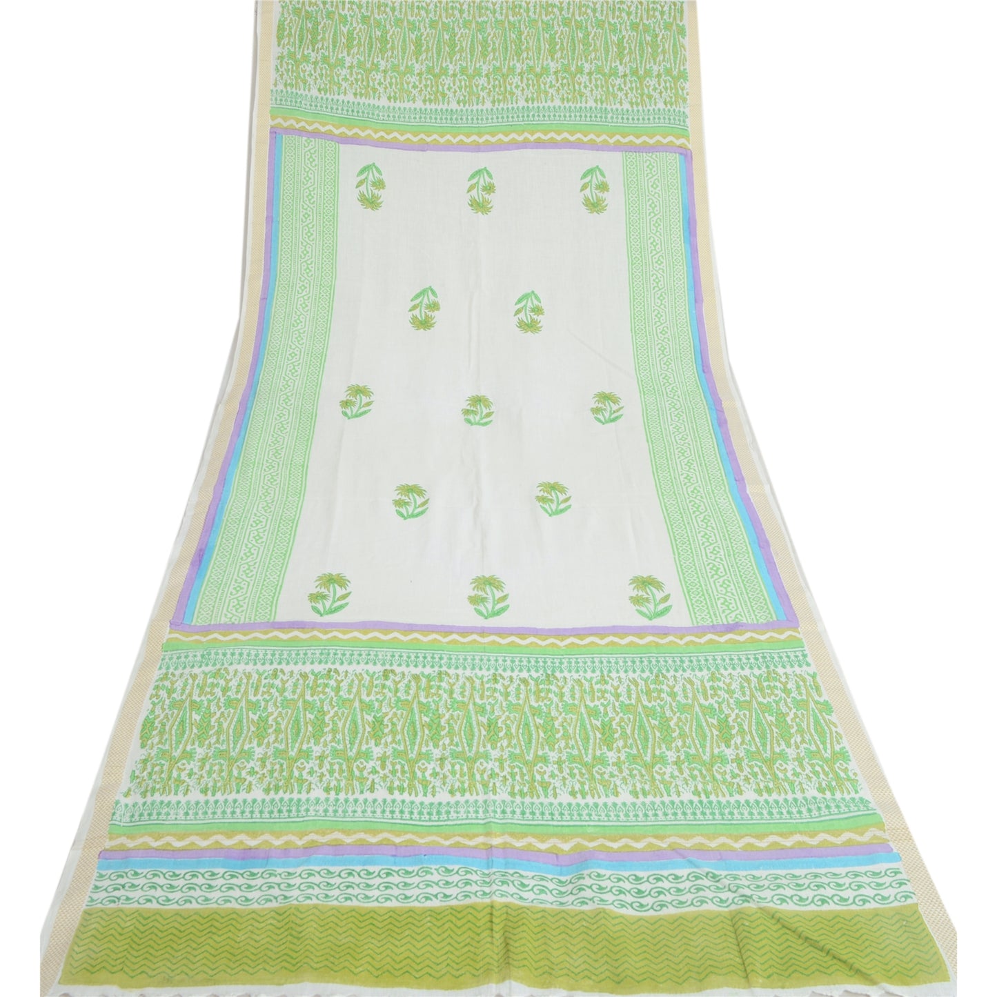 Sanskriti Vintage Long Dupatta Pure Cotton Ivory Floral Printed Stole Scarf Veil