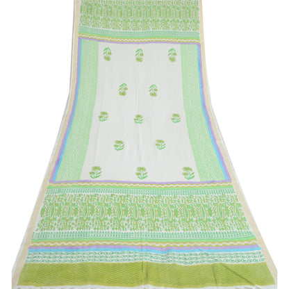 Sanskriti Vintage Long Dupatta Pure Cotton Ivory Floral Printed Stole Scarf Veil