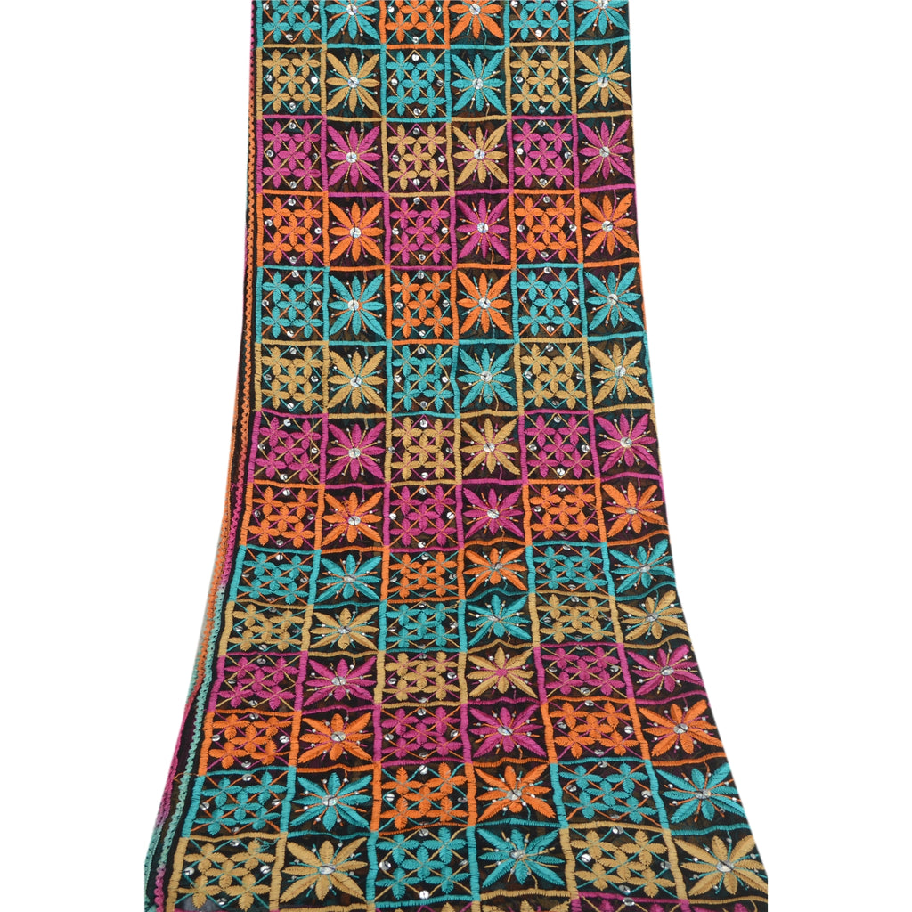 Sanskriti Vintage Long Black Dupatta Chiffon Bagh Phulkari Embroidered Scarf