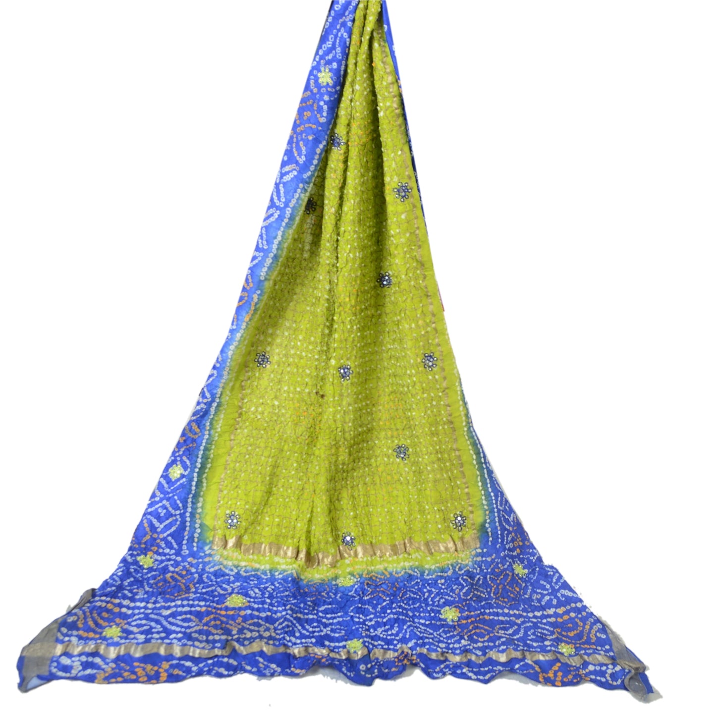 Sanskriti Vintage Long Dupatta Bandhani Pure Silk Green/Blue Hand Beaded Veil