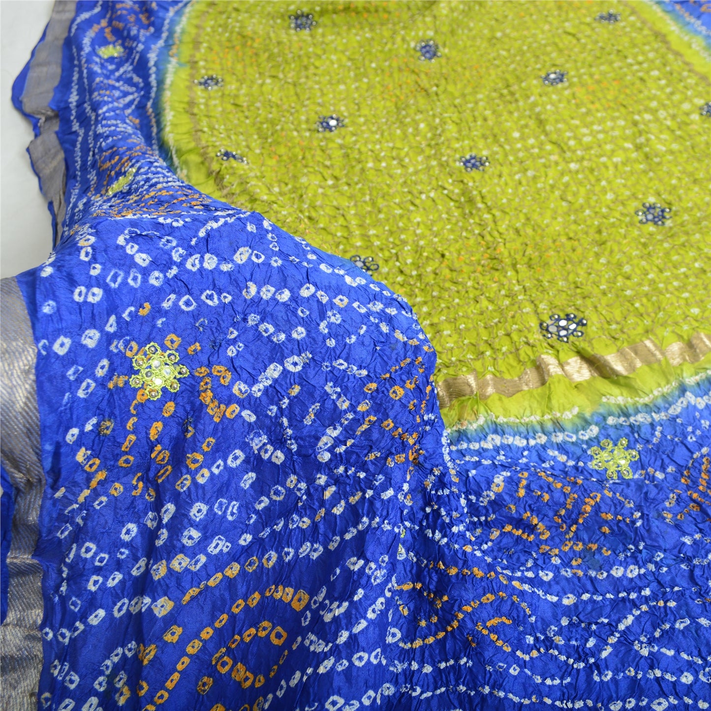 Sanskriti Vintage Long Dupatta Bandhani Pure Silk Green/Blue Hand Beaded Veil