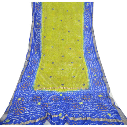 Sanskriti Vintage Long Dupatta Bandhani Pure Silk Green/Blue Hand Beaded Veil