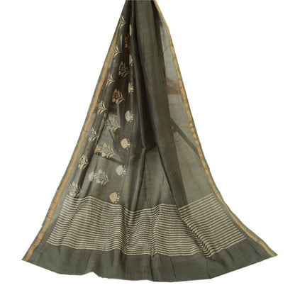 Sanskriti Vintage Long Dupatta Pure Cotton Dark Grey Printed Stole Scarf Veil