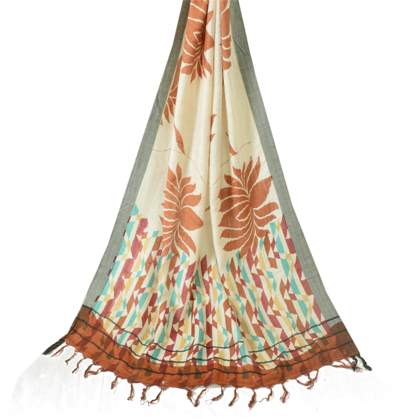 Sanskriti Vintage Long Dupatta/Stole Ivory Blend Cotton Printed Stole Scarf Veil