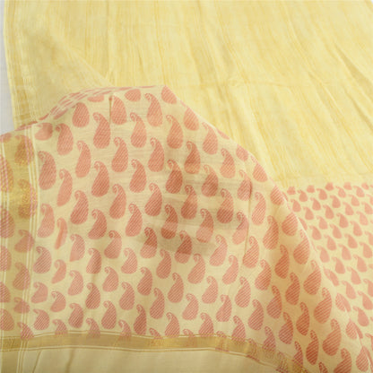 Sanskriti Vintage Long Dupatta Pale Yellow Pure Cotton Printed Zari Woven Stole