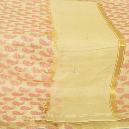 Sanskriti Vintage Long Dupatta Pale Yellow Pure Cotton Printed Zari Woven Stole