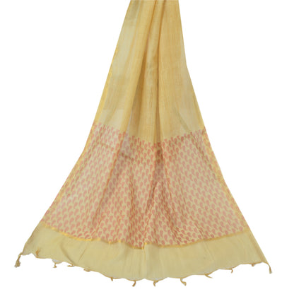 Sanskriti Vintage Long Dupatta Pale Yellow Pure Cotton Printed Zari Woven Stole