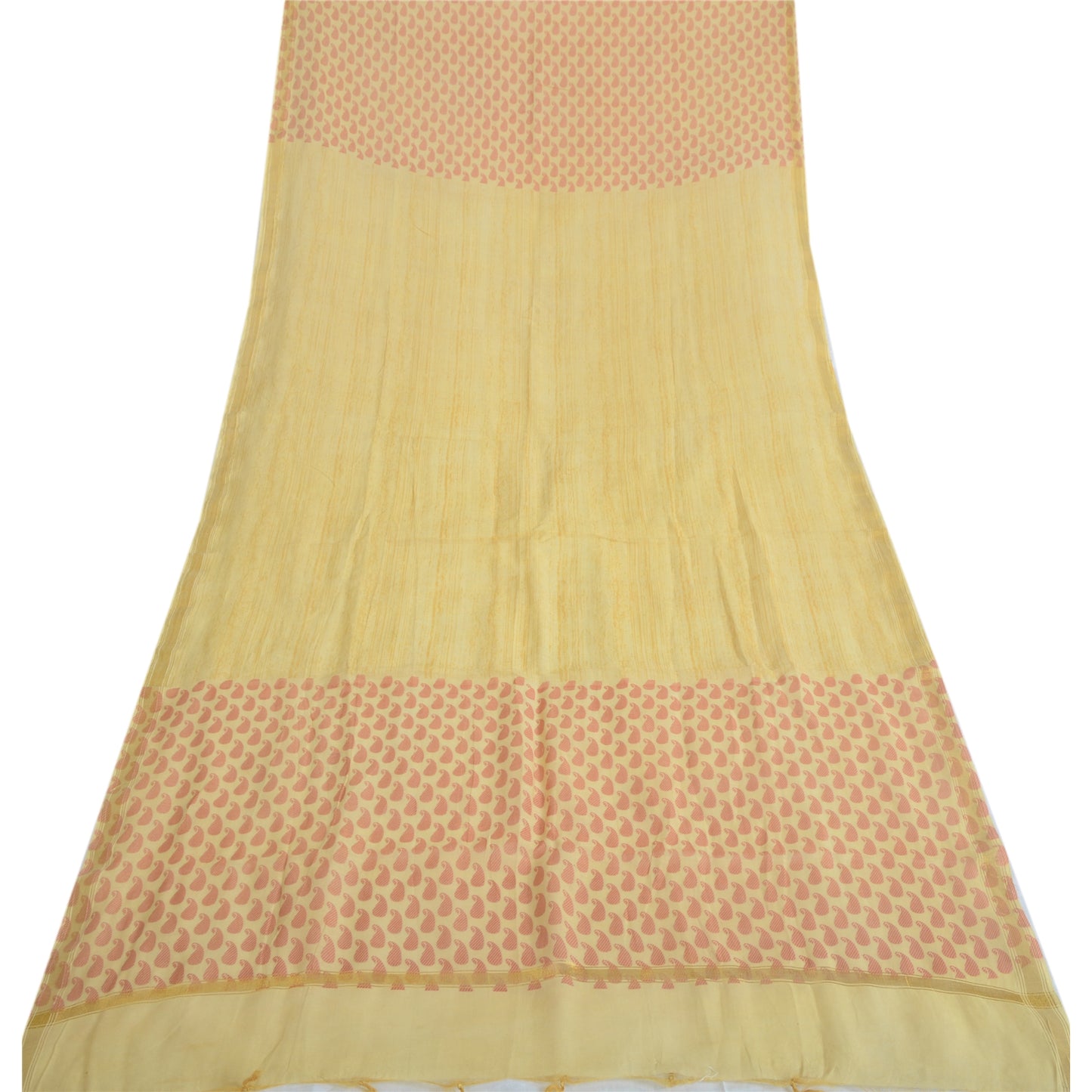 Sanskriti Vintage Long Dupatta Pale Yellow Pure Cotton Printed Zari Woven Stole