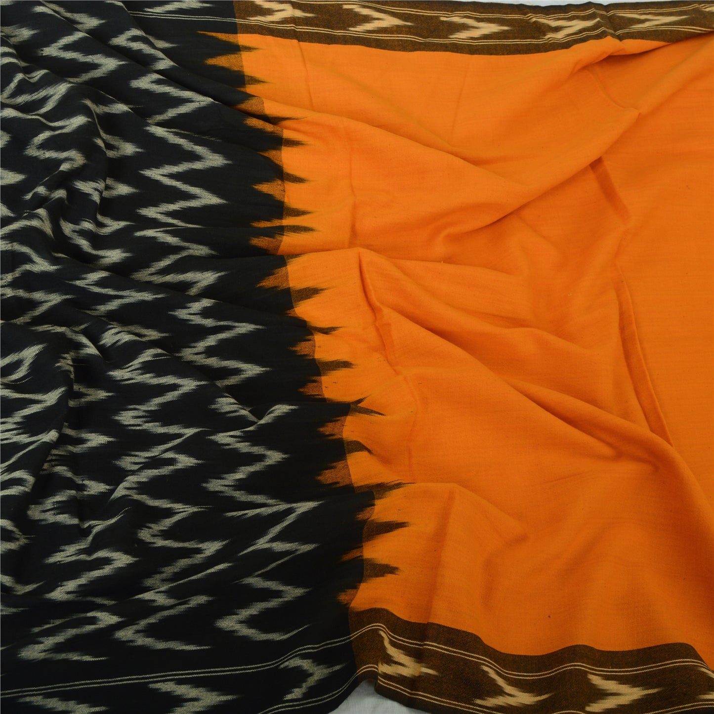 Sanskriti Vintage Long Dupatta Saffron/Black Pure Cotton Ikat Woven Scarf Veil