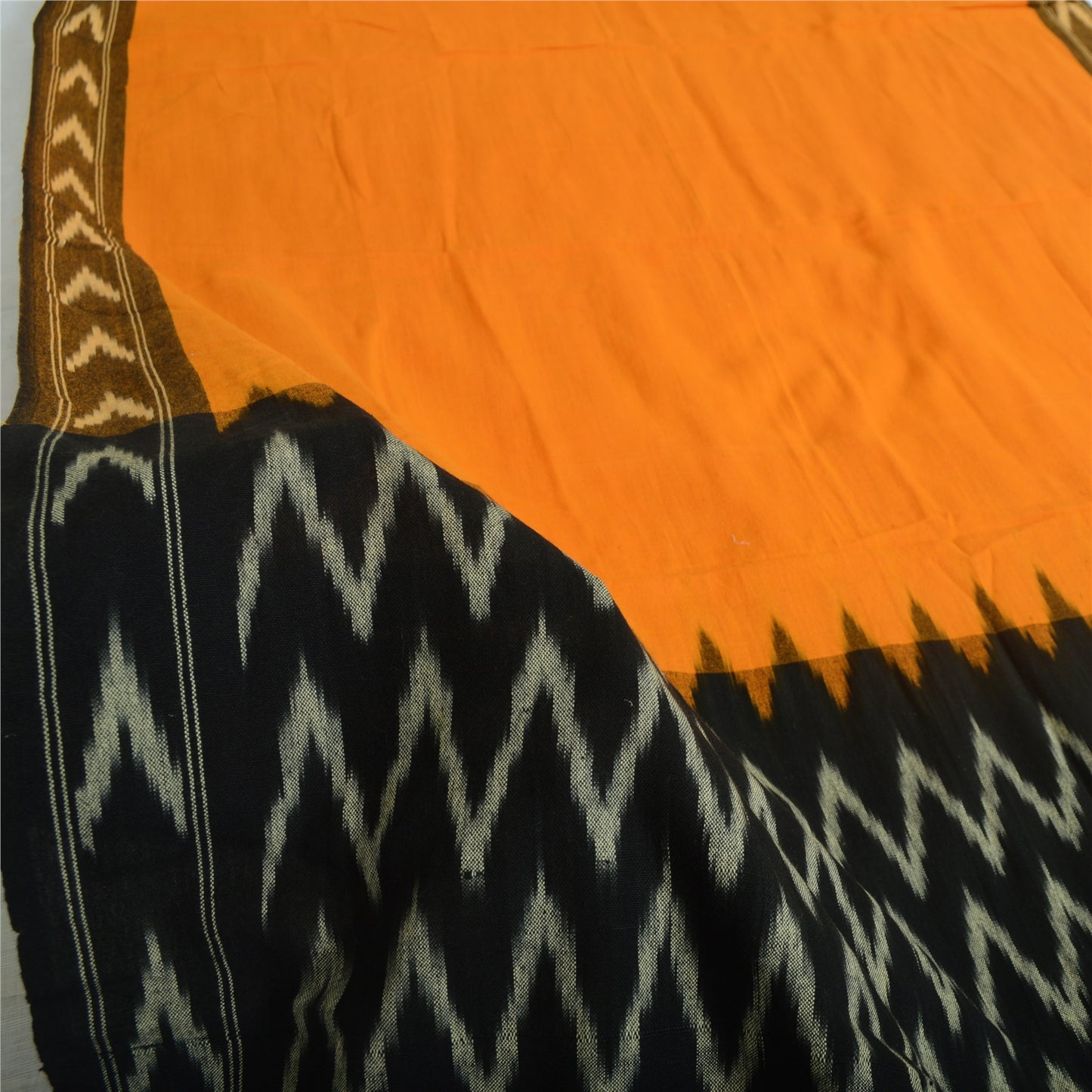 Sanskriti Vintage Long Dupatta Saffron/Black Pure Cotton Ikat Woven Scarf Veil