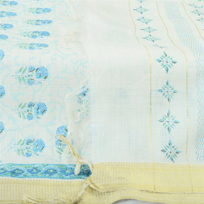 Sanskriti Vintage Long Dupatta Pure Cotton White/Blue Hand Block Print Scarf