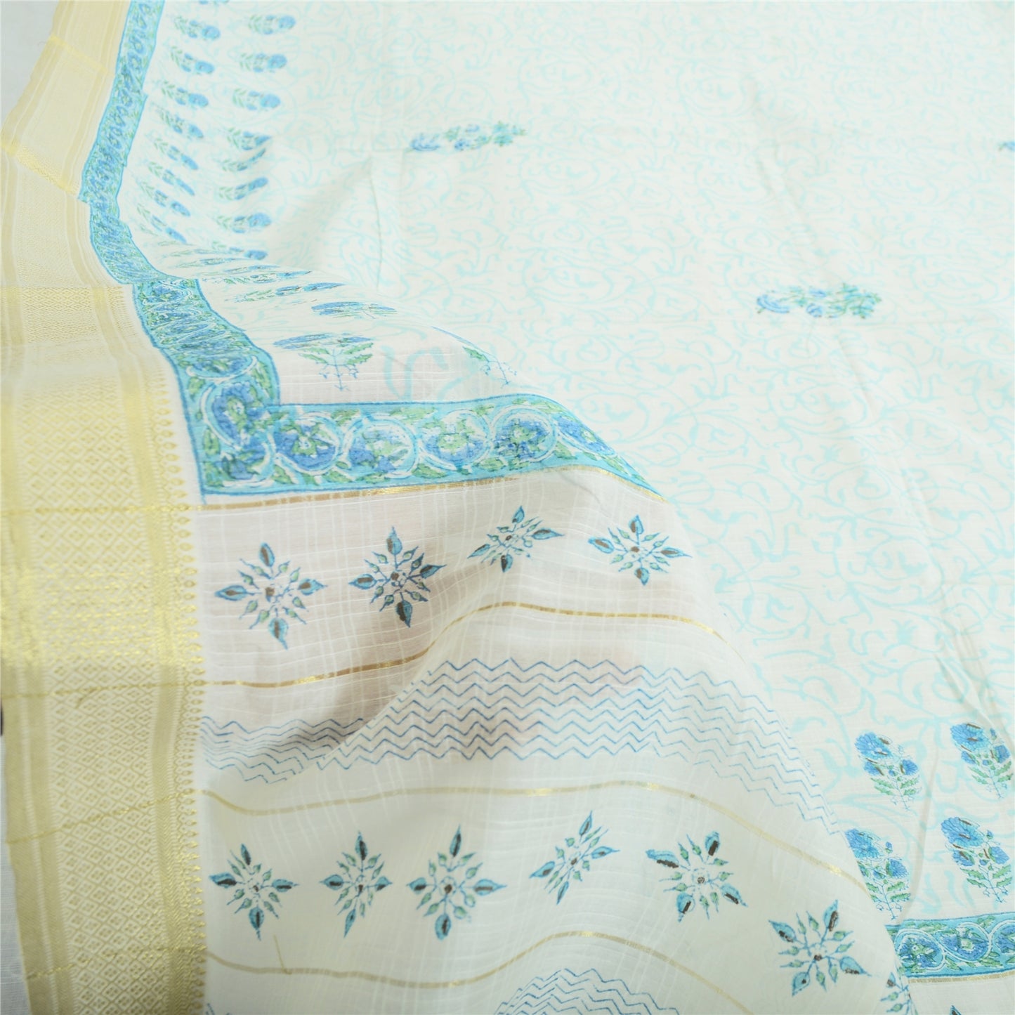 Sanskriti Vintage Long Dupatta Pure Cotton White/Blue Hand Block Print Scarf