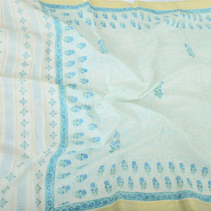 Sanskriti Vintage Long Dupatta Pure Cotton White/Blue Hand Block Print Scarf