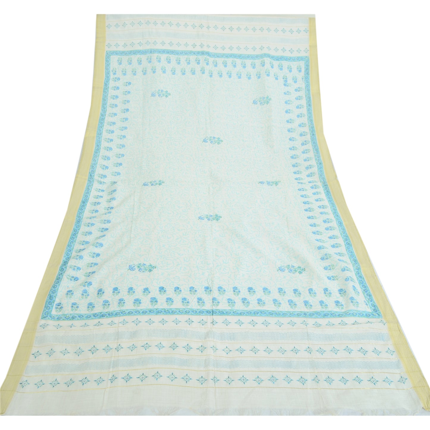 Sanskriti Vintage Long Dupatta Pure Cotton White/Blue Hand Block Print Scarf