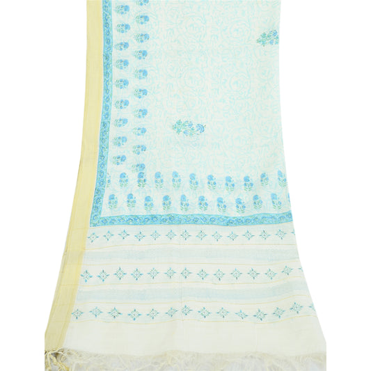 Sanskriti Vintage Long Dupatta Pure Cotton White/Blue Hand Block Print Scarf