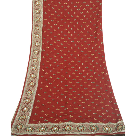 Sanskriti Vintage Long Dupatta Pure Chiffon Red Hand Bead Zari Stole Scarf Veil