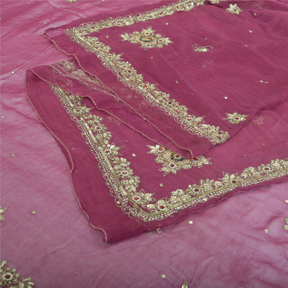 Sanskriti Vintage Long Dupatta Pure Chiffon Pink Hand Beaded Stole Scarf Veil