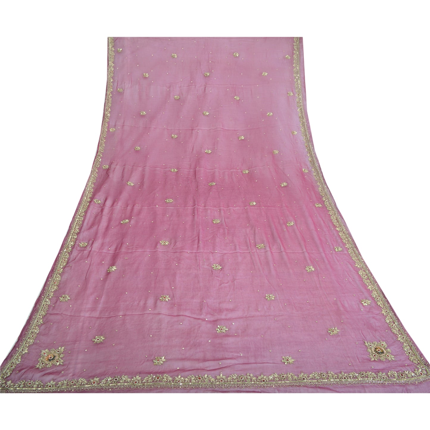 Sanskriti Vintage Long Dupatta Pure Chiffon Pink Hand Beaded Stole Scarf Veil