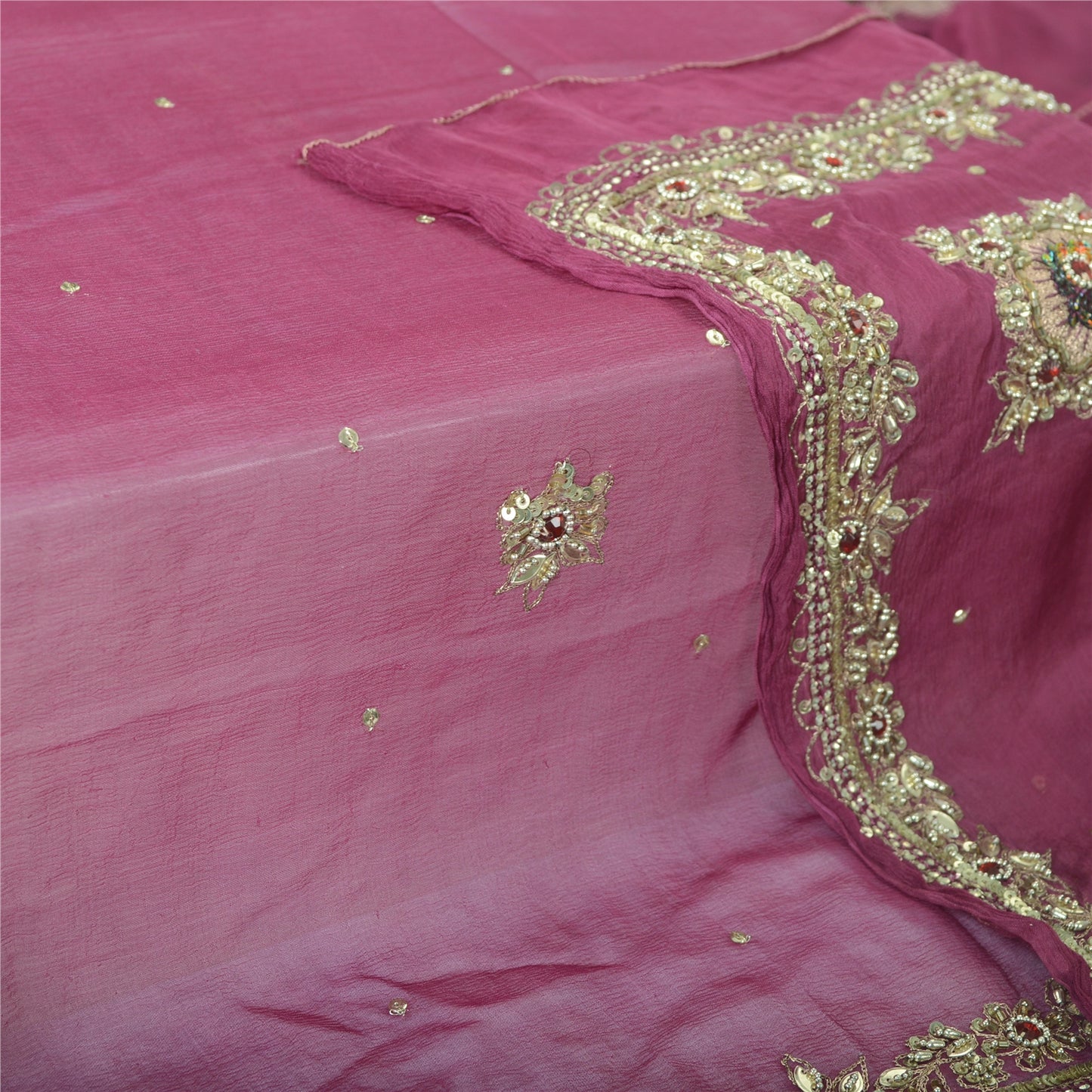 Sanskriti Vintage Long Dupatta Pure Chiffon Pink Hand Beaded Stole Scarf Veil