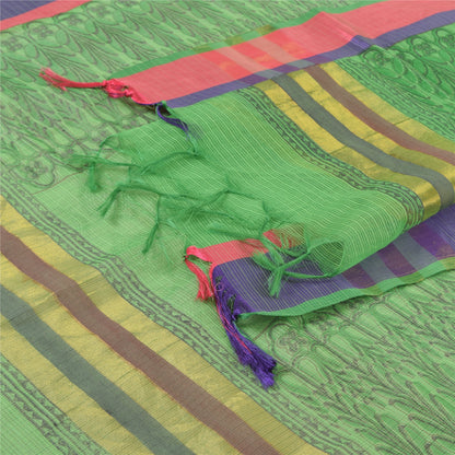 Sanskriti Vintage Long Dupatta/Stole Green Artificial Silk Hand Block Printed