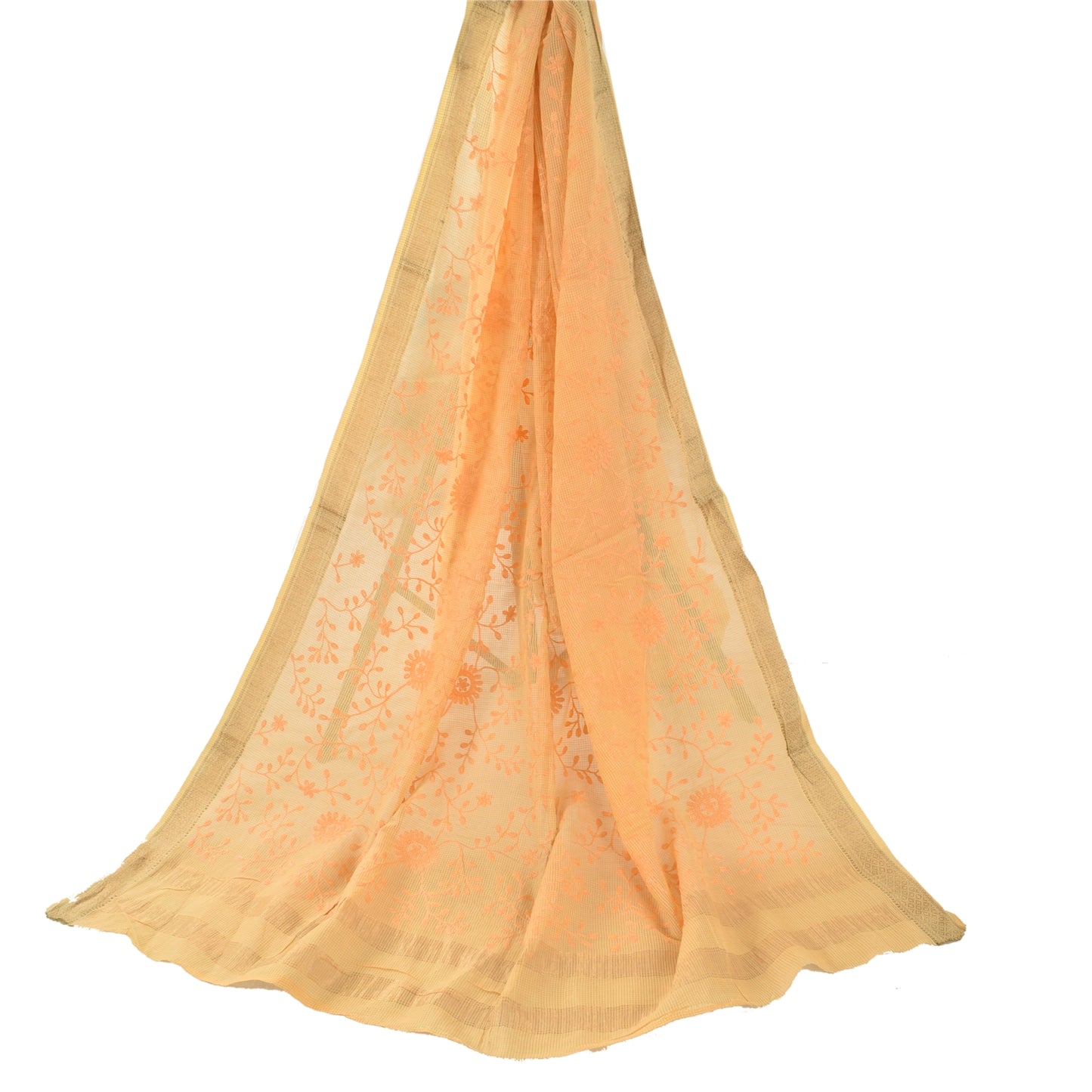 Sanskriti Vintage Long Dupatta/Stole Pure Cotton Orange Embordered Scarf Veil