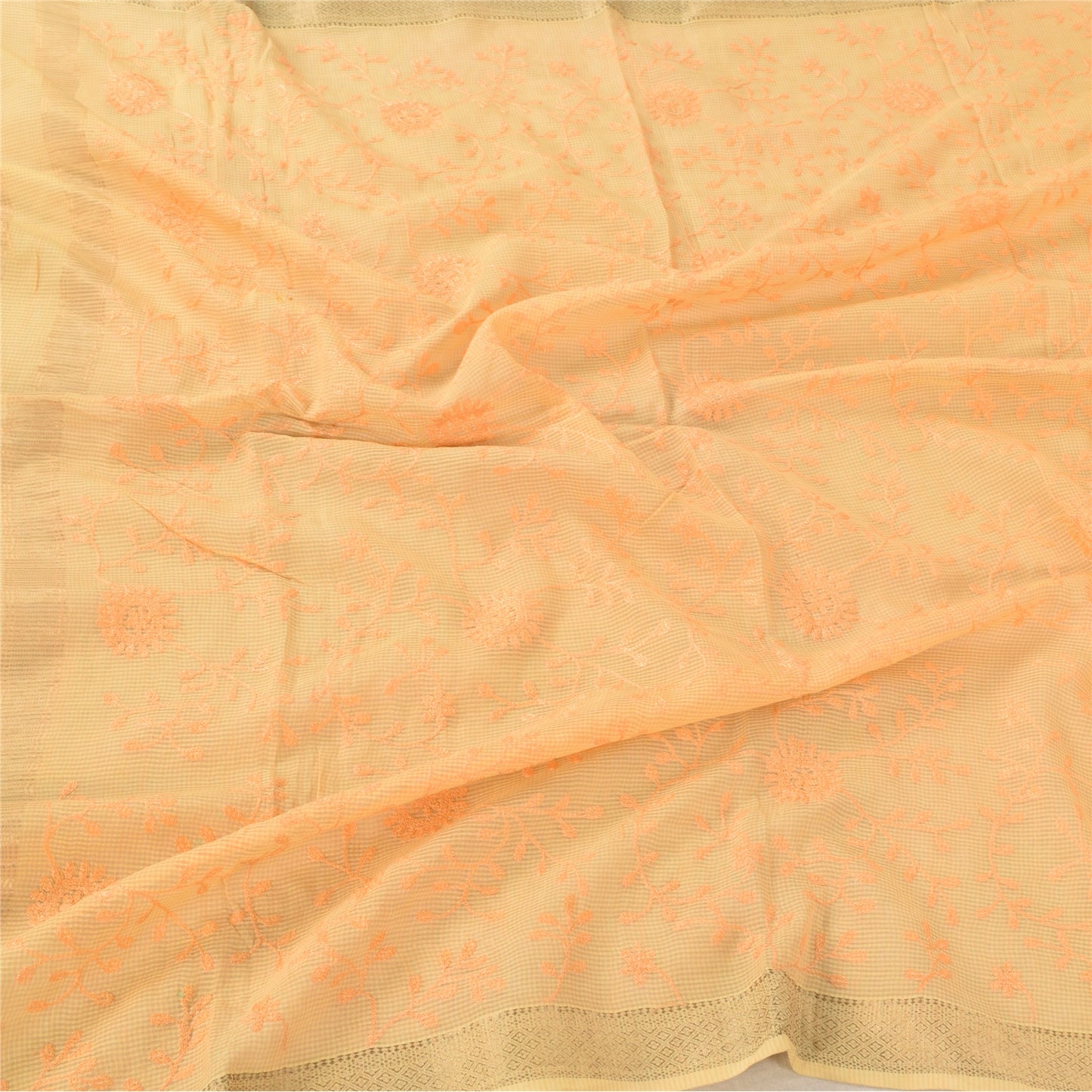 Sanskriti Vintage Long Dupatta/Stole Pure Cotton Orange Embordered Scarf Veil