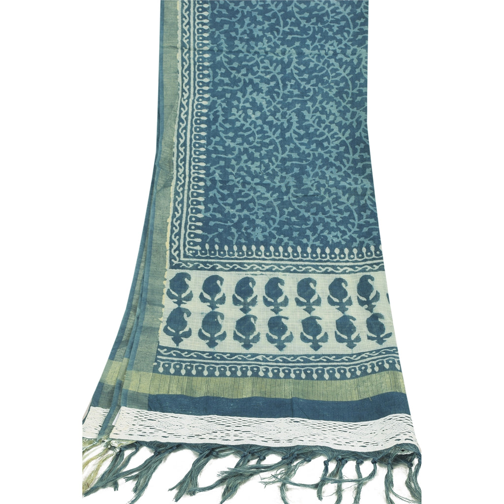 Sanskriti Vintage Long Dupatta/Stole Cotton Blue Bagru Kota Woven Hand Block