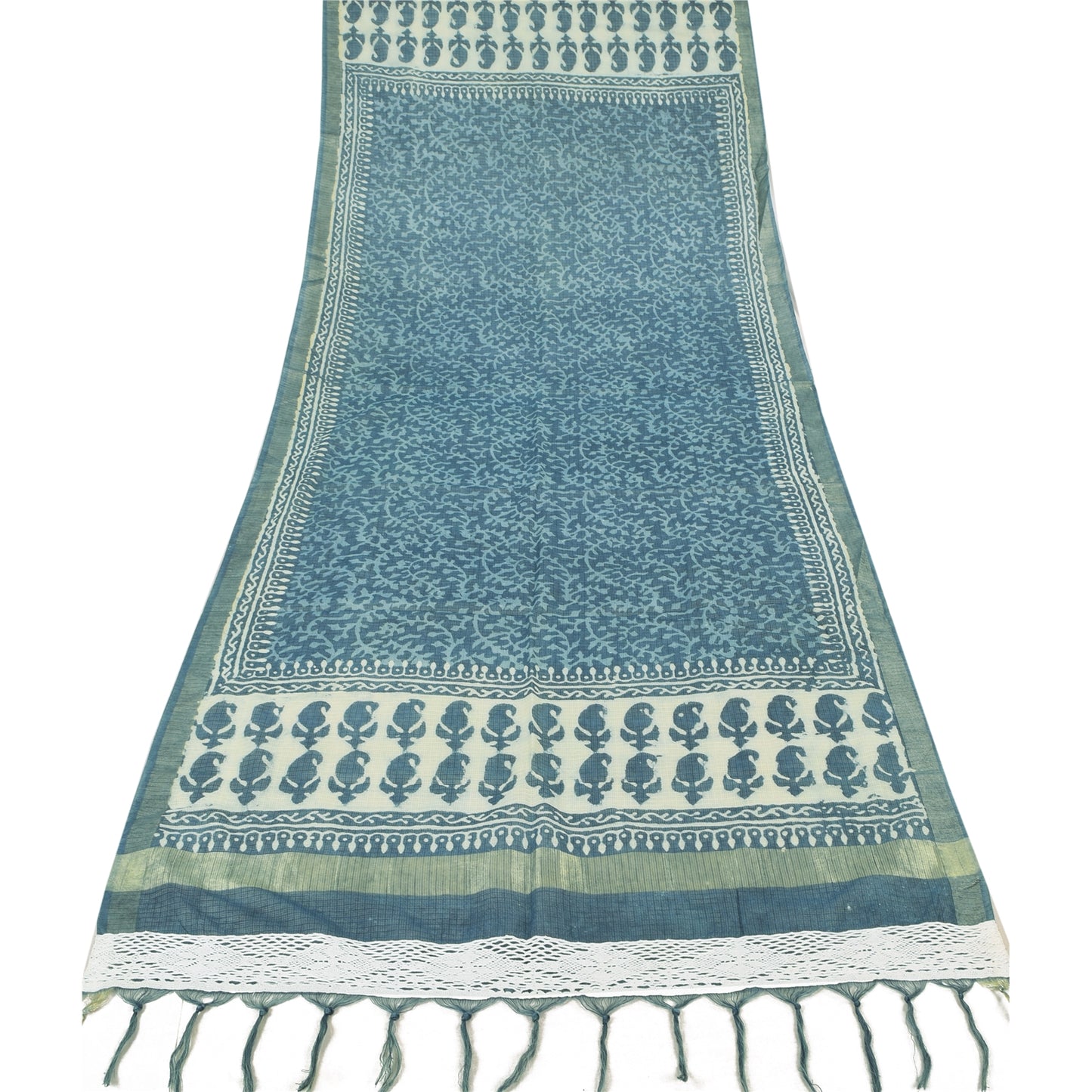 Sanskriti Vintage Long Dupatta/Stole Cotton Blue Bagru Kota Woven Hand Block