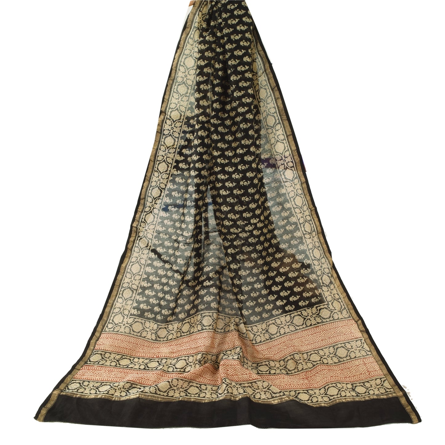 Sanskriti Vintage Long Dupatta/Stole Pure Cotton Black Hand Bloc Printed Veil