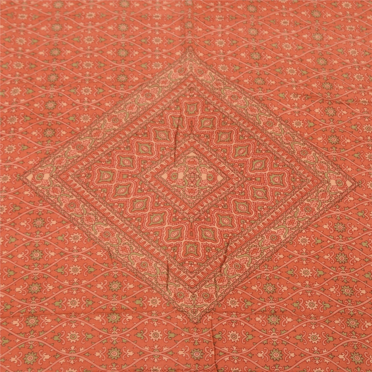 Sanskriti Vintage Long Dupatta/Stole Pure Crepe Silk Orange Printed Scarf Veil