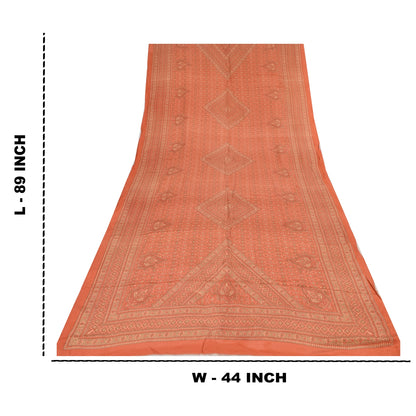 Sanskriti Vintage Long Dupatta/Stole Pure Crepe Silk Orange Printed Scarf Veil