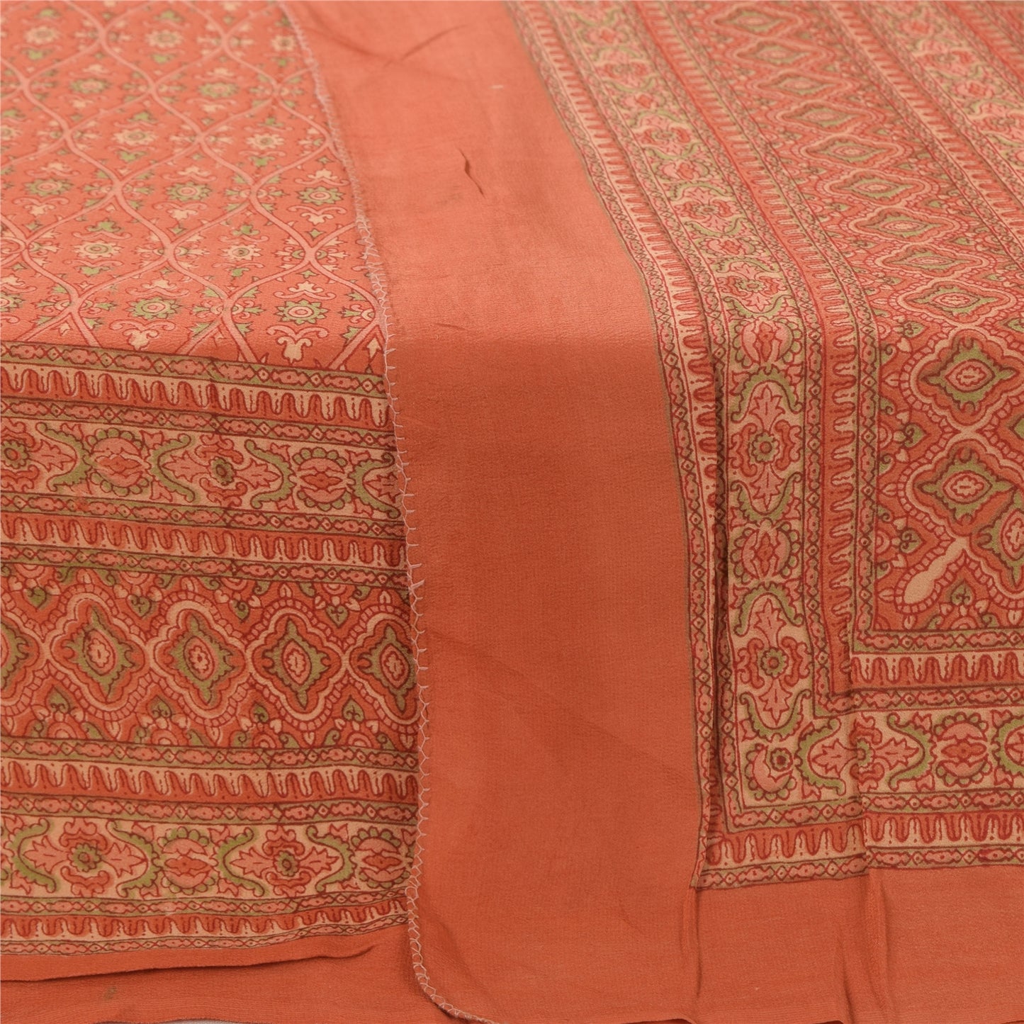 Sanskriti Vintage Long Dupatta/Stole Pure Crepe Silk Orange Printed Scarf Veil