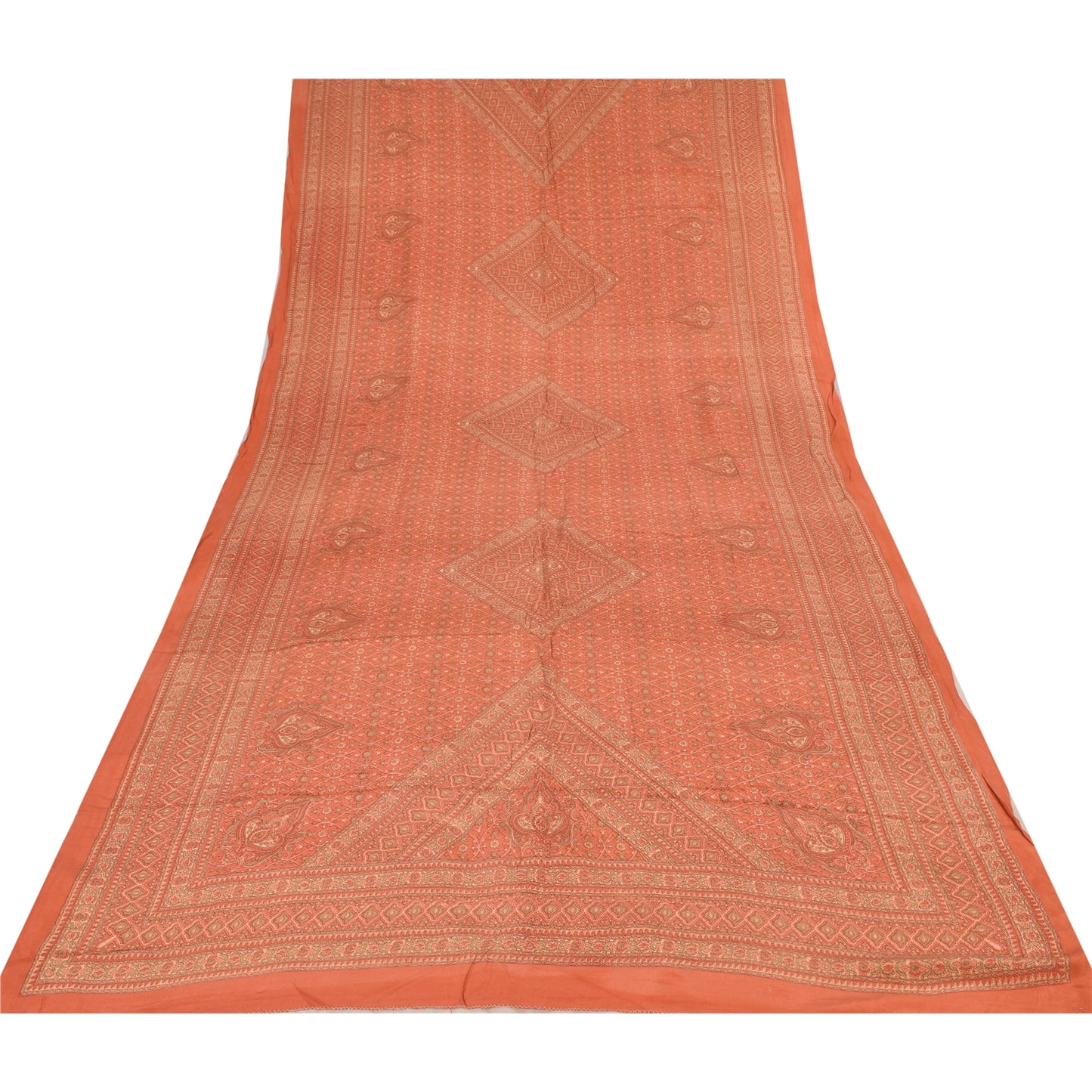 Sanskriti Vintage Long Dupatta/Stole Pure Crepe Silk Orange Printed Scarf Veil