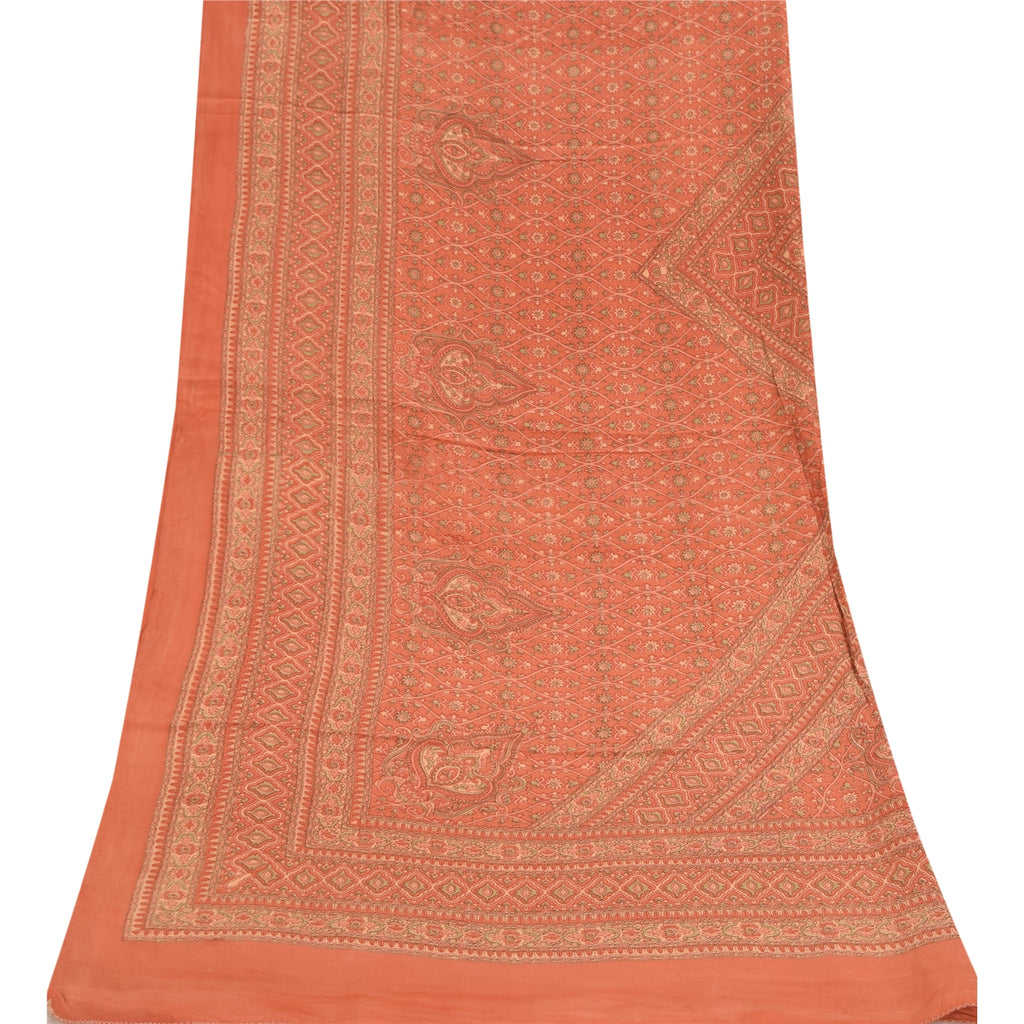 Sanskriti Vintage Long Dupatta/Stole Pure Crepe Silk Orange Printed Scarf Veil