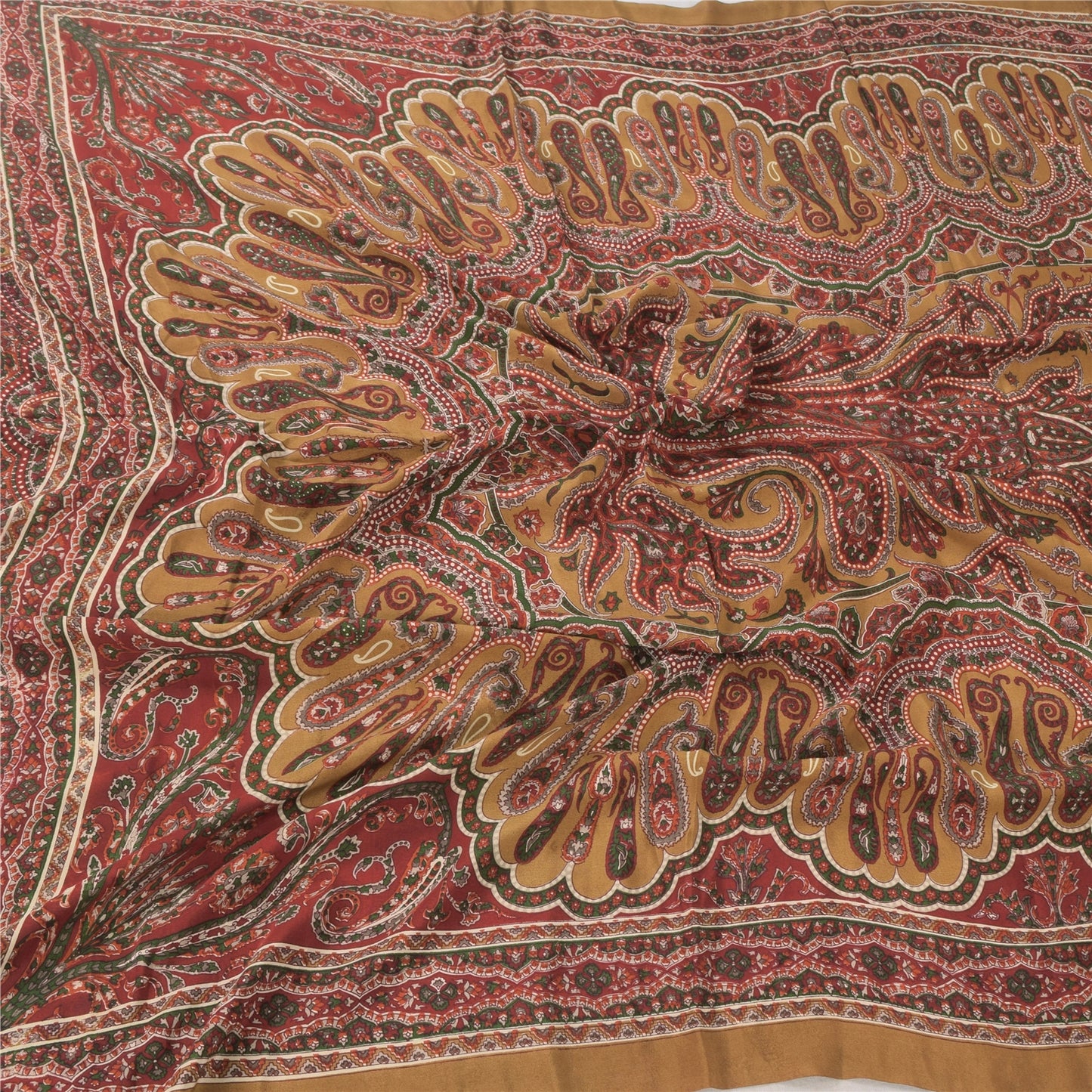 Sanskriti Vintage Long Dupatta/Stole Pure Silk Brown/Red Printed Scarf Veil