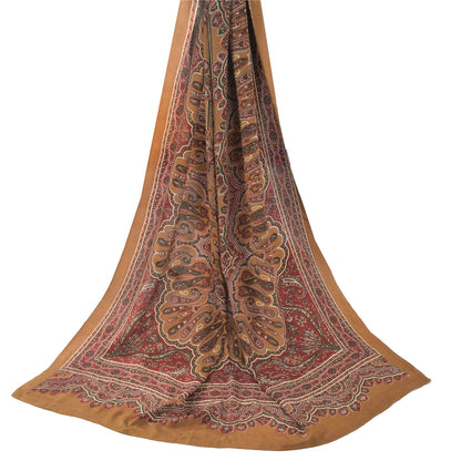 Sanskriti Vintage Long Dupatta/Stole Pure Silk Brown/Red Printed Scarf Veil