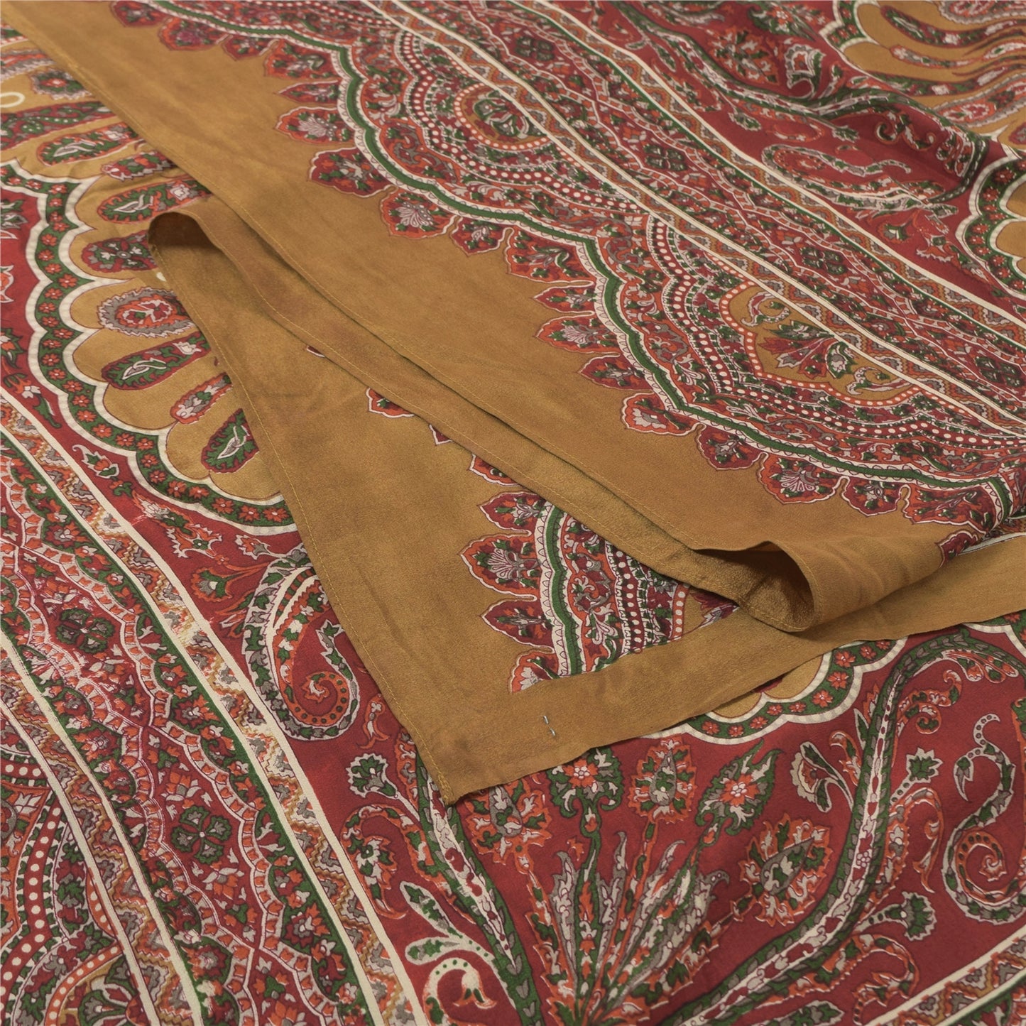 Sanskriti Vintage Long Dupatta/Stole Pure Silk Brown/Red Printed Scarf Veil