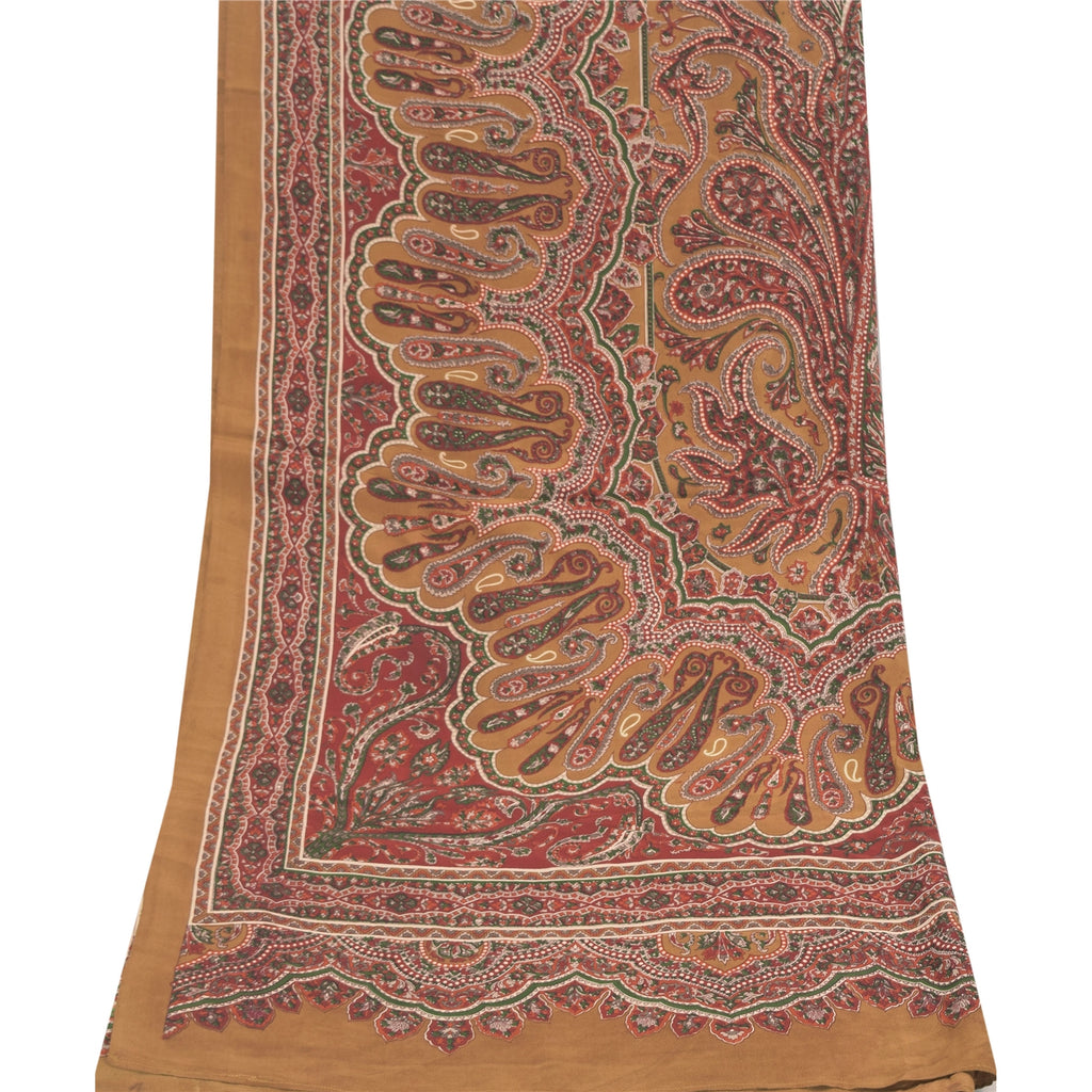 Sanskriti Vintage Long Dupatta/Stole Pure Silk Brown/Red Printed Scarf Veil