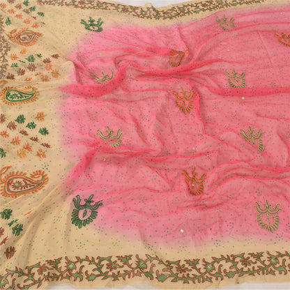 Sanskriti Vintage Long Dupatta/Stole Pure Georgette Embroidered Pink Scarf Veil