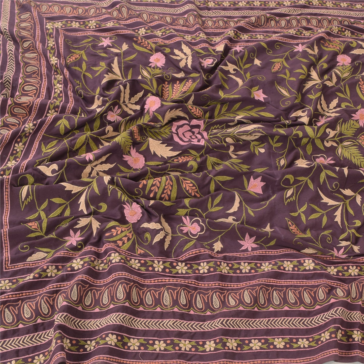 Sanskriti Vintage Long Dupatta/Stole Artificial Silk Purple Embroidered Scarf