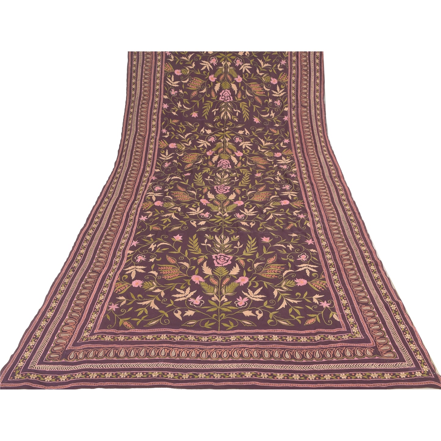 Sanskriti Vintage Long Dupatta/Stole Artificial Silk Purple Embroidered Scarf