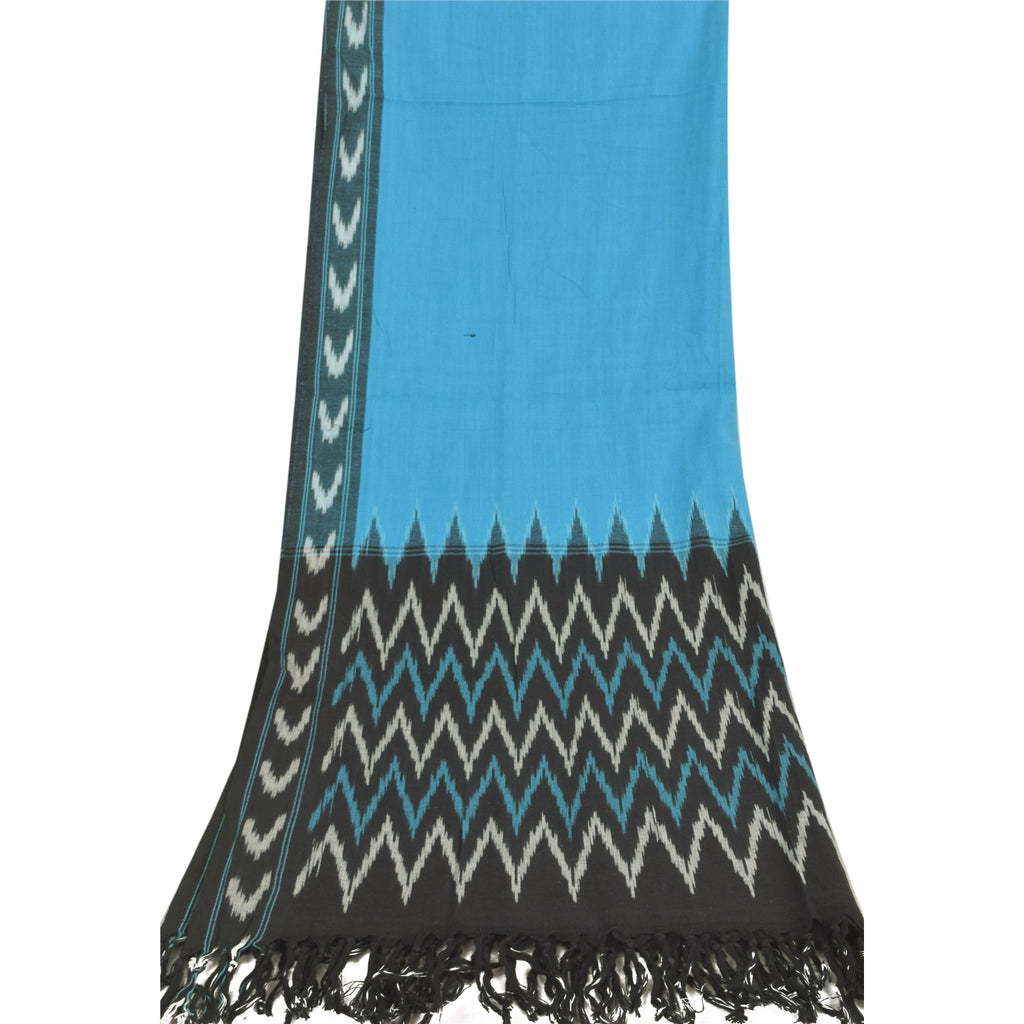 Sanskriti Vintage Long Dupatta/Stole Pure Cotton Ikat Blue Hand Woven Scarf Veil