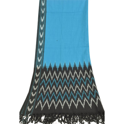 Sanskriti Vintage Long Dupatta/Stole Pure Cotton Ikat Blue Hand Woven Scarf Veil