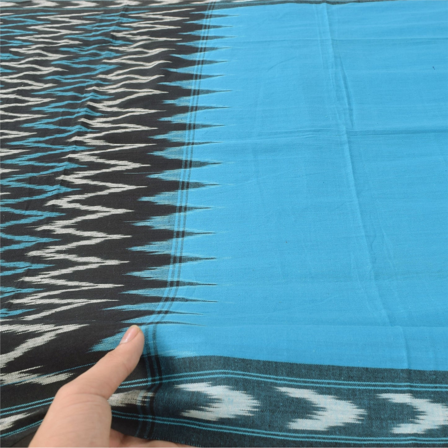 Sanskriti Vintage Long Dupatta/Stole Pure Cotton Ikat Blue Hand Woven Scarf Veil