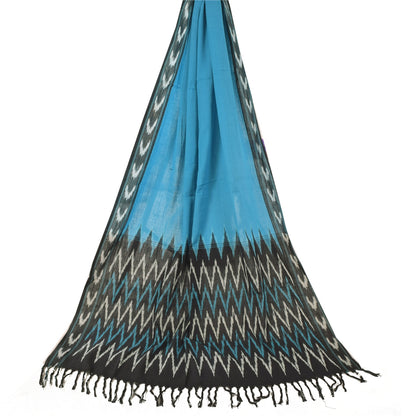 Sanskriti Vintage Long Dupatta/Stole Pure Cotton Ikat Blue Hand Woven Scarf Veil