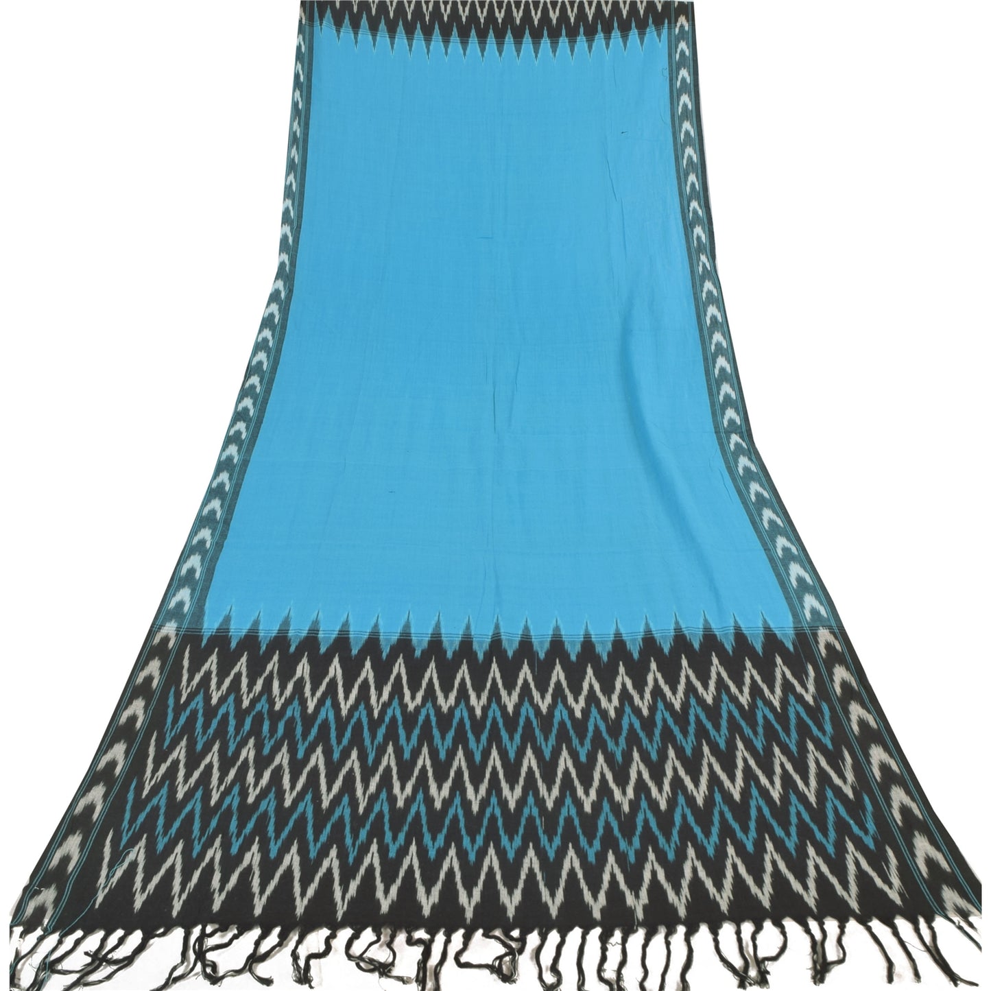 Sanskriti Vintage Long Dupatta/Stole Pure Cotton Ikat Blue Hand Woven Scarf Veil