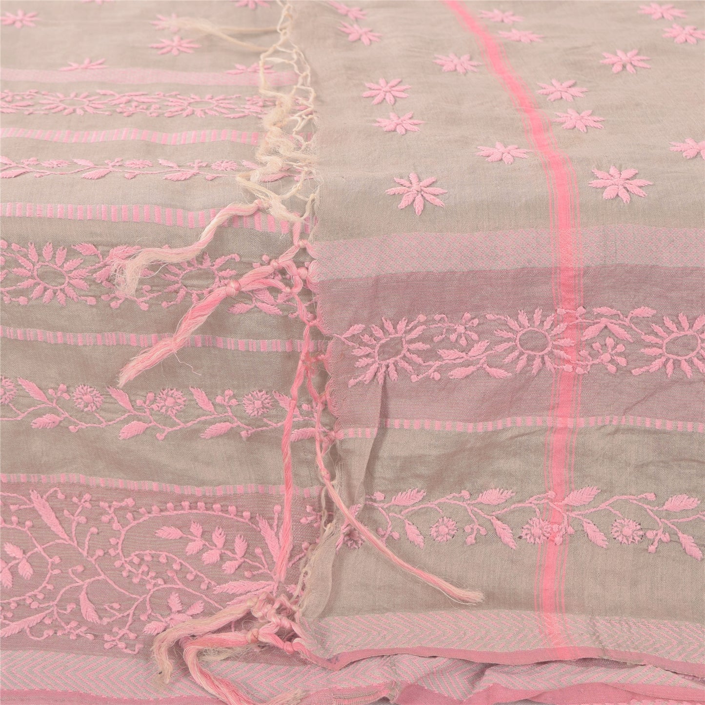 Sanskriti Vintage Long Dupatta/Stole Cream Hand Embroidery Chikankari Pure Silk