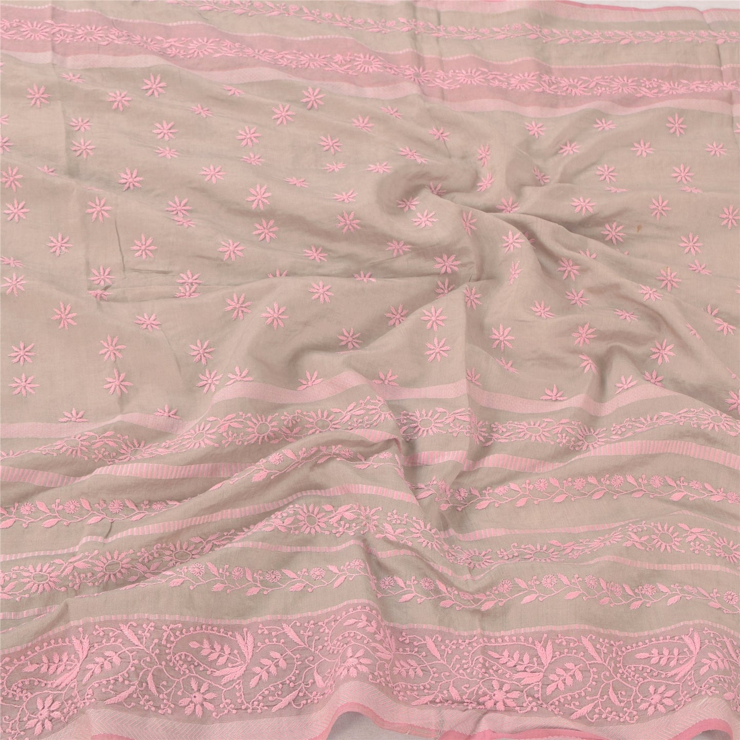 Sanskriti Vintage Long Dupatta/Stole Cream Hand Embroidery Chikankari Pure Silk