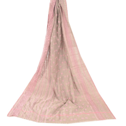 Sanskriti Vintage Long Dupatta/Stole Cream Hand Embroidery Chikankari Pure Silk