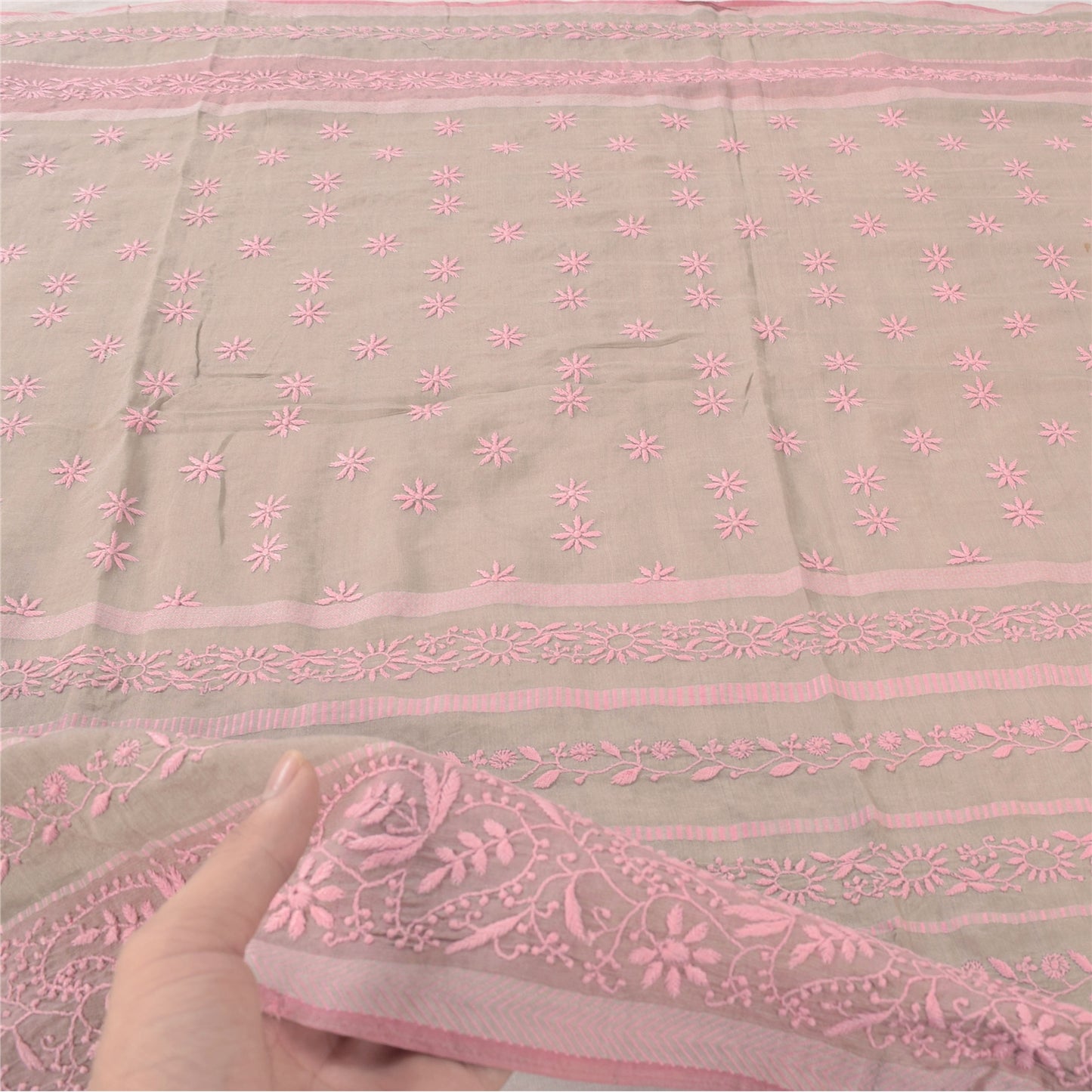 Sanskriti Vintage Long Dupatta/Stole Cream Hand Embroidery Chikankari Pure Silk